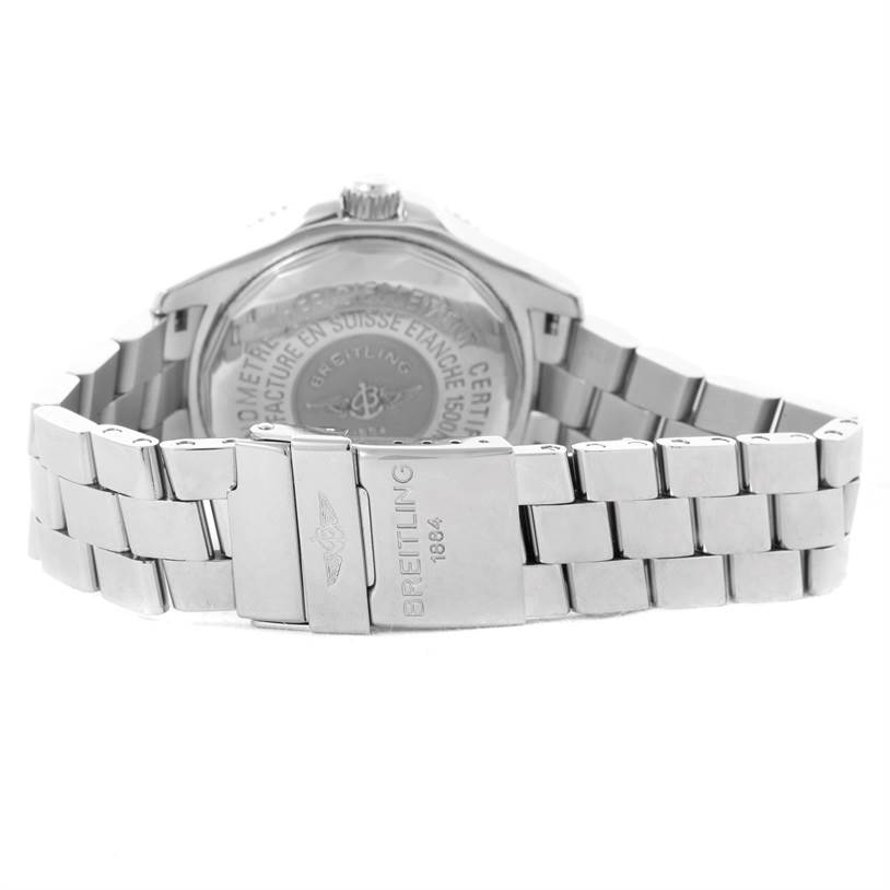 The image shows the back view and metal bracelet of a Breitling Superocean A17364 Men's Stainless Steel Black Dial A17364 Men's Stainless Steel Black Dial watch, highlighting the engraved case back and clasp.