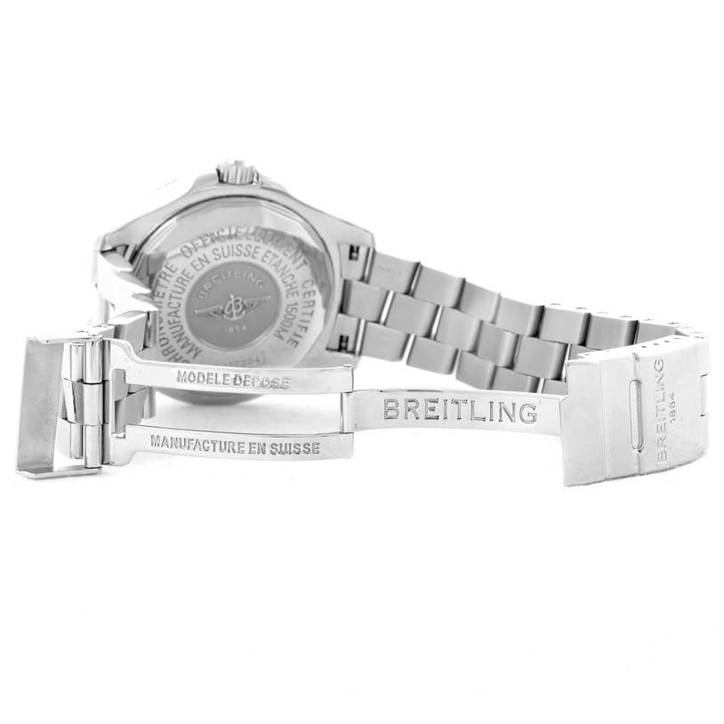This image shows the back case, bracelet, and clasp with branded engravings of a Breitling Superocean A17364 Men's Stainless Steel Black Dial A17364 Men's Stainless Steel Black Dial watch.