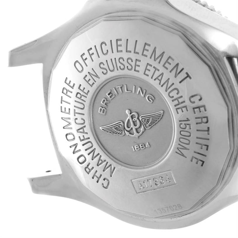 This image shows the back of a Breitling Superocean A17364 Men's Stainless Steel Black Dial A17364 Men's Stainless Steel Black Dial watch, featuring its engraved specifications.