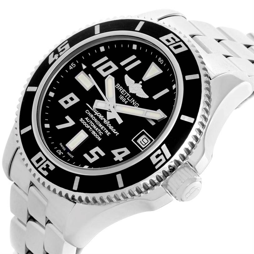 The image shows a Breitling Superocean A17364 Men's Stainless Steel Black Dial A17364 Men's Stainless Steel Black Dial watch at an angled view, highlighting the face, bezel, and part of the stainless steel bracelet.