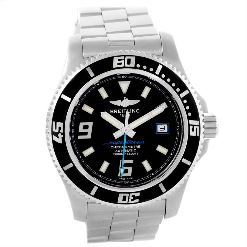 The image shows a front view of the Breitling Superocean A17391 Men's Stainless Steel Black Dial A17391 Men's Stainless Steel Black Dial watch, highlighting its dial, bezel, and metal bracelet.