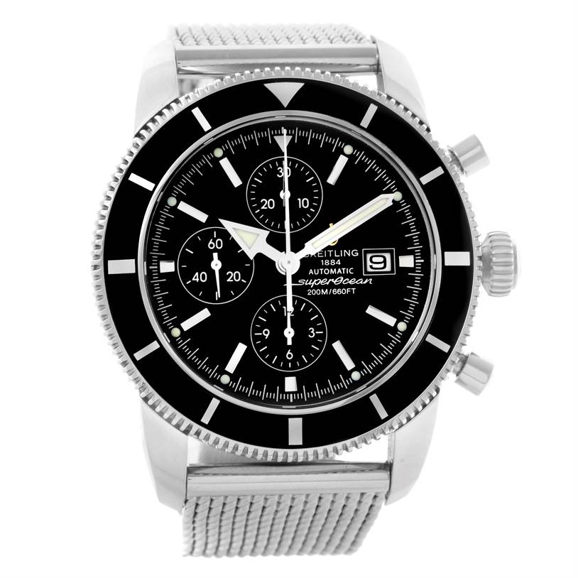 The Breitling Superocean A13320 Men's Stainless Steel Black Dial A13320 Men's Stainless Steel Black Dial watch is shown from a front view, displaying its black dial, chronograph sub-dials, date window, and silver mesh bracelet.
