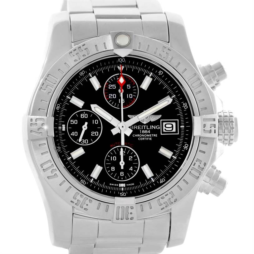 This image shows a front view of the Breitling Avenger A13381 Men's Stainless Steel Black Dial A13381 Men's Stainless Steel Black Dial watch, highlighting its dial, bezel, crown, and stainless steel bracelet.