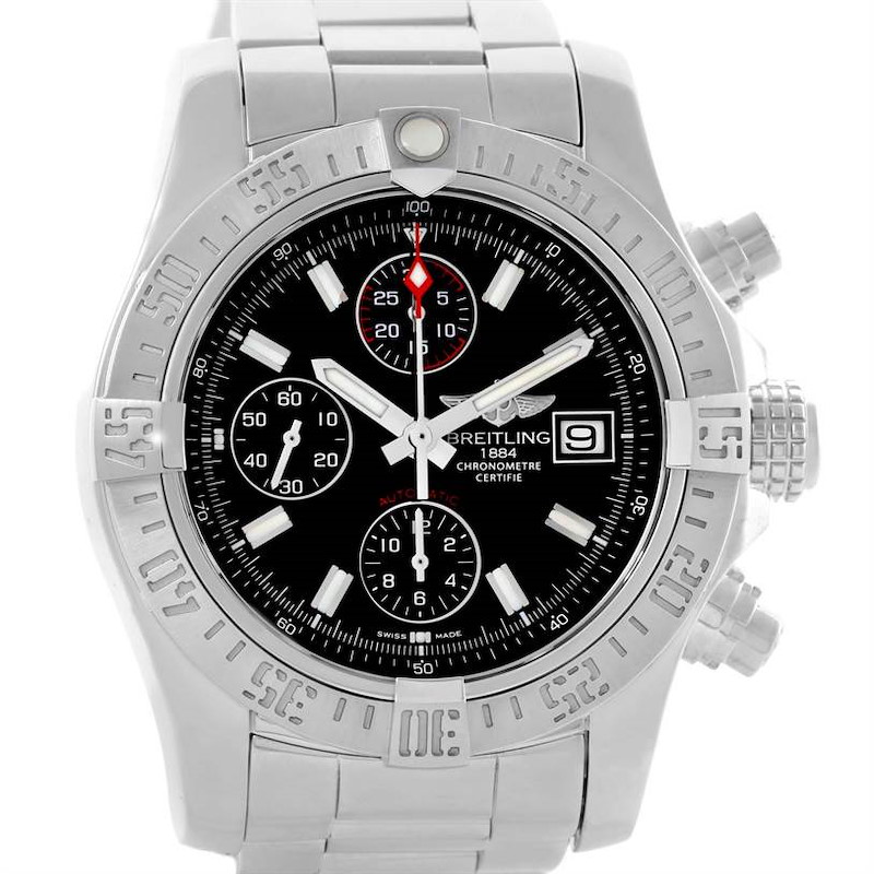 This image shows a front view of the Breitling Avenger watch, highlighting its dial, bezel, crown, and stainless steel bracelet.