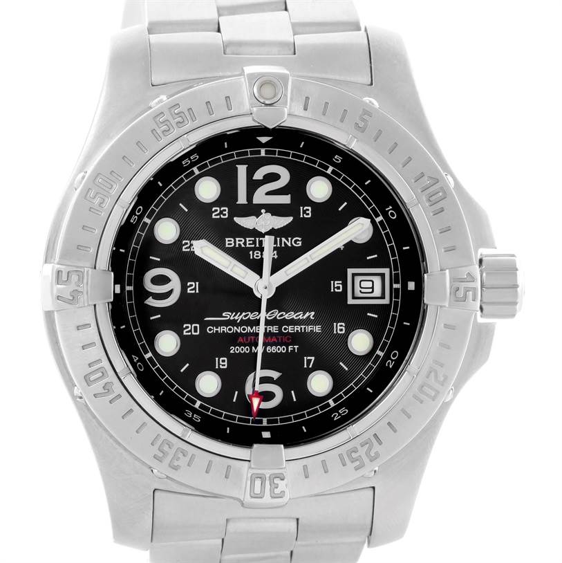 The image shows a front-on view of a Breitling Superocean A17390 Men's Stainless Steel Black Dial A17390 Men's Stainless Steel Black Dial watch, displaying its face, bezel, and part of its strap.
