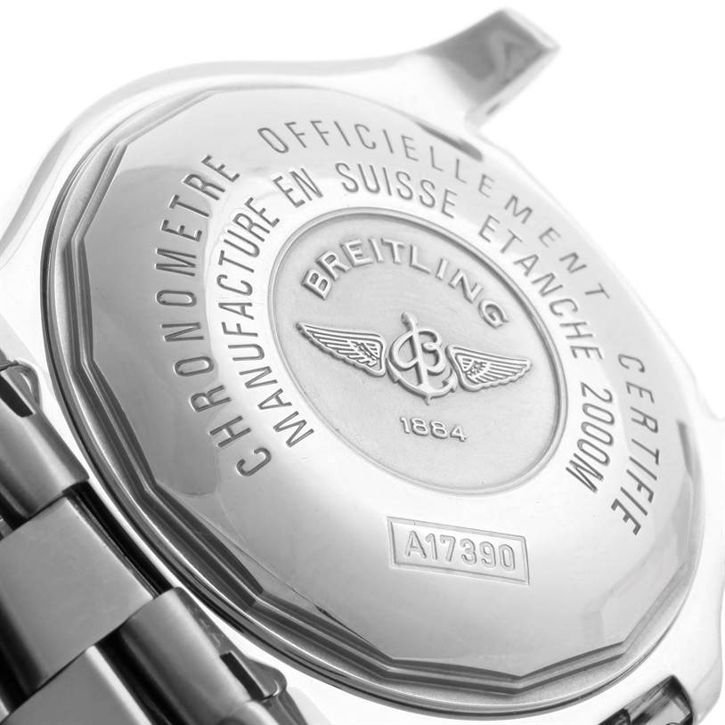 This image shows the case back and part of the metal bracelet of a Breitling Superocean A17390 Men's Stainless Steel Black Dial A17390 Men's Stainless Steel Black Dial watch.