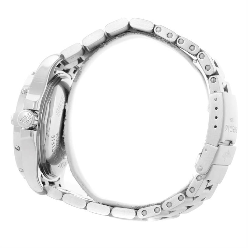 This image shows a side view of the Breitling Superocean A17390 Men's Stainless Steel Black Dial A17390 Men's Stainless Steel Black Dial watch, focusing on the crown, case, and metal bracelet.