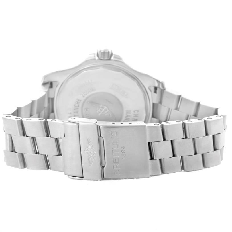 The image shows the back of the Breitling Superocean A17390 Men's Stainless Steel Black Dial A17390 Men's Stainless Steel Black Dial watch and its metal bracelet with the clasp visible.