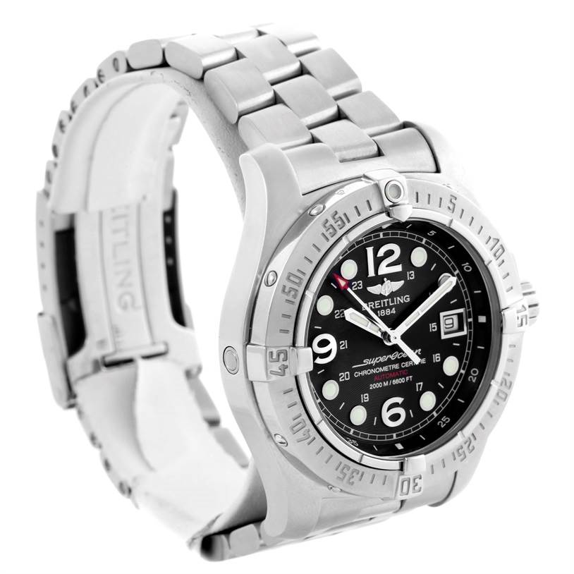 The image shows a Breitling Superocean A17390 Men's Stainless Steel Black Dial A17390 Men's Stainless Steel Black Dial watch at an angled side view, highlighting its dial, bezel, and metal bracelet.