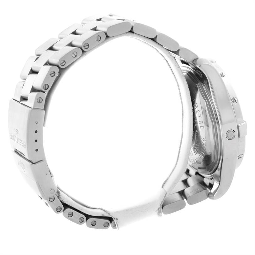 The image shows a Breitling Superocean A17390 Men's Stainless Steel Black Dial A17390 Men's Stainless Steel Black Dial watch from a side angle, focusing on the bracelet and the back of the case.