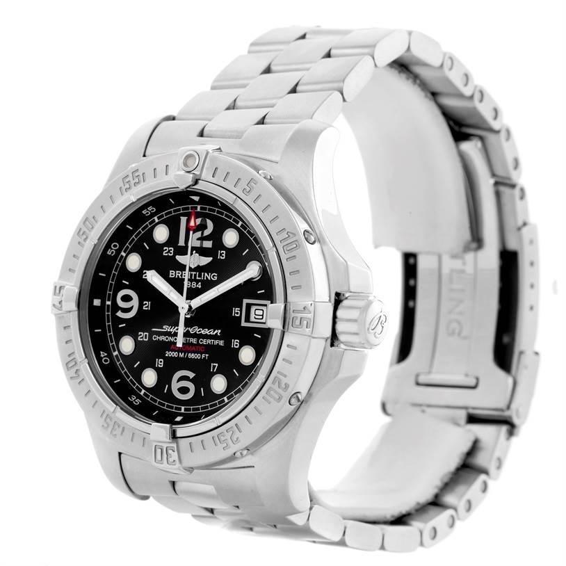 The image shows a side angle of a Breitling Superocean A17390 Men's Stainless Steel Black Dial A17390 Men's Stainless Steel Black Dial watch, highlighting its face, bezel, and metal bracelet.