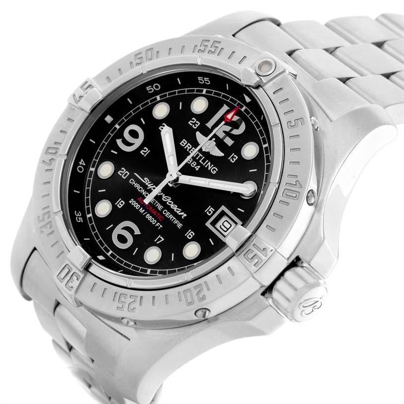 The image shows a side angle of a Breitling Superocean A17390 Men's Stainless Steel Black Dial A17390 Men's Stainless Steel Black Dial watch, highlighting the bezel, dial, bracelet, and crown.