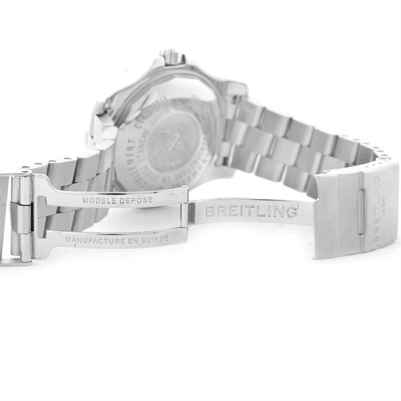 The image shows the back and clasp of a Breitling Superocean A17390 Men's Stainless Steel Black Dial A17390 Men's Stainless Steel Black Dial watch, highlighting its band, clasp, and case back.