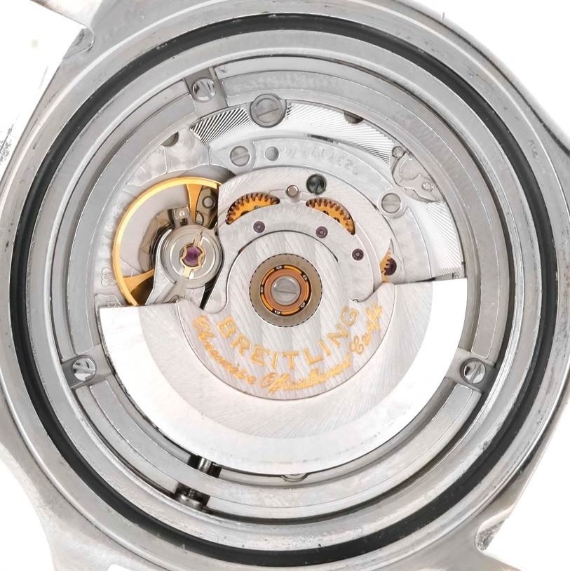 The image shows the inner mechanical movement of a Breitling Superocean A17390 Men's Stainless Steel Beige Dial A17390 Men's Stainless Steel Beige Dial watch, viewed from the back case.