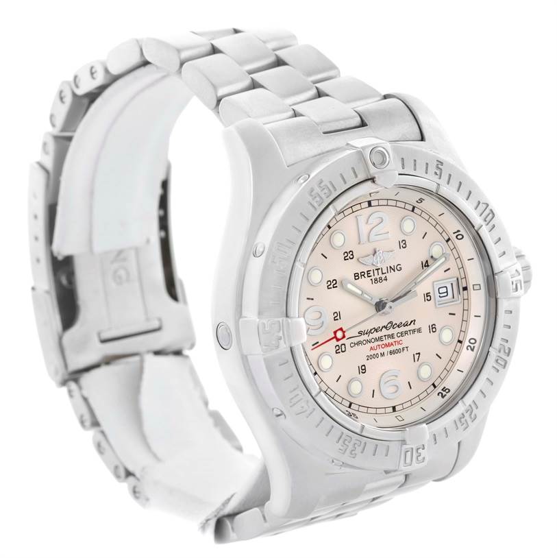 The Breitling Superocean A17390 Men's Stainless Steel Beige Dial A17390 Men's Stainless Steel Beige Dial watch is shown at a front angle, highlighting the face, bezel, and part of the bracelet.