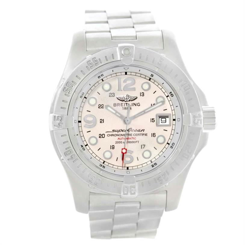 The Breitling Superocean A17390 Men's Stainless Steel Beige Dial A17390 Men's Stainless Steel Beige Dial watch is shown in a straight-on angle, displaying the dial, bezel, bracelet, and crown.