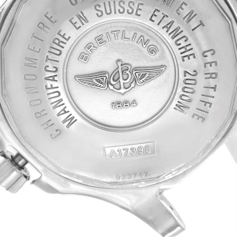 The image shows the back case of the Breitling Superocean A17390 Men's Stainless Steel Beige Dial A17390 Men's Stainless Steel Beige Dial watch, displaying the brand name, model, and water resistance information.