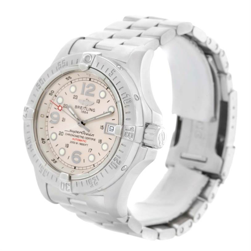 The image shows a side angle of a Breitling Superocean A17390 Men's Stainless Steel Beige Dial A17390 Men's Stainless Steel Beige Dial watch, featuring the dial, bezel, and metal bracelet.