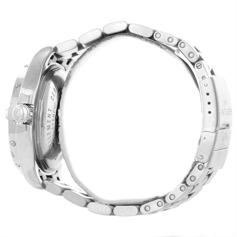 This image shows a side view of the Breitling Superocean A17390 Men's Stainless Steel Beige Dial A17390 Men's Stainless Steel Beige Dial watch, highlighting its case back, crown, and metal bracelet with clasp.