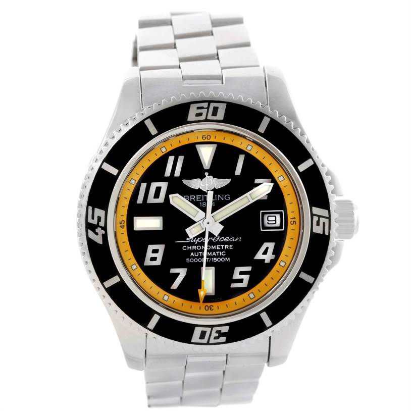 This image shows a front view of the Breitling Superocean A17364 Men's Stainless Steel Black Dial A17364 Men's Stainless Steel Black Dial watch, highlighting its bezel, dial, bracelet, and crown.