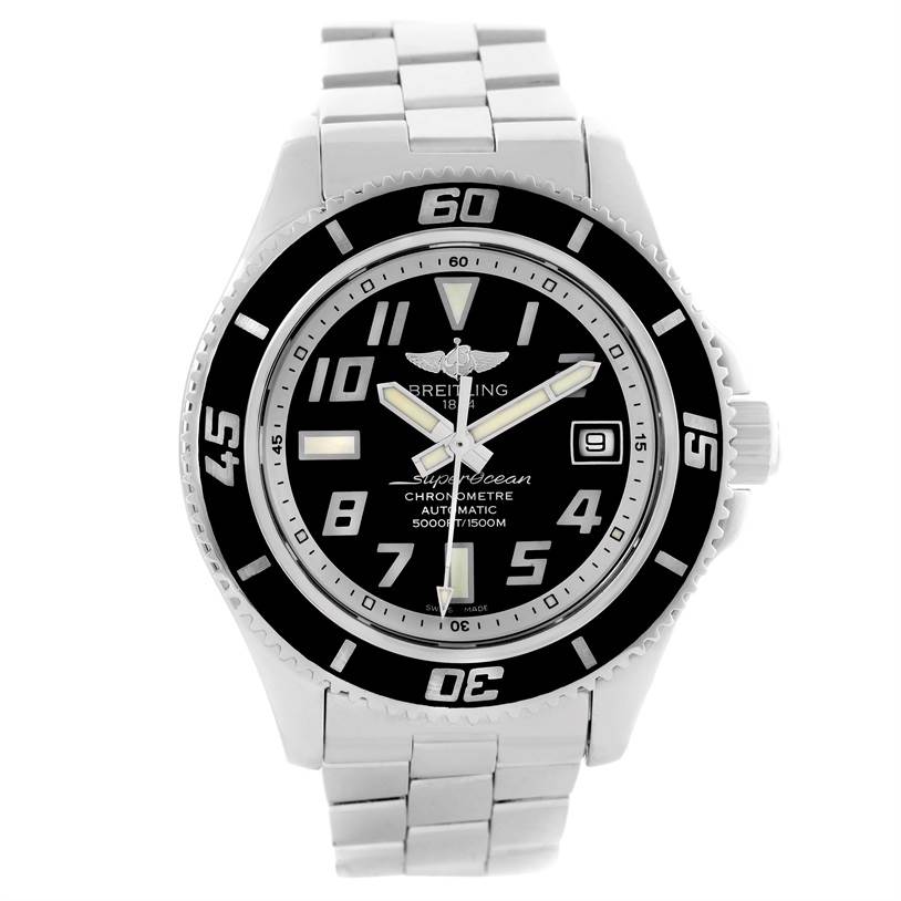 This image shows a front view of the Breitling Superocean A17364 Men's Stainless Steel Black Dial A17364 Men's Stainless Steel Black Dial watch, displaying the dial, bezel, and bracelet.