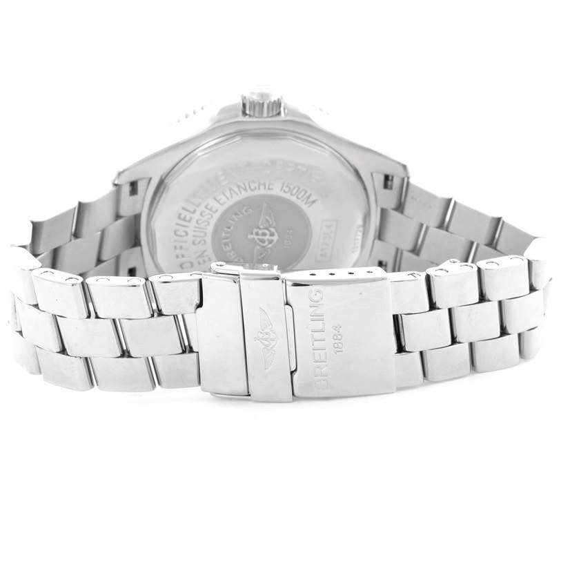 This image shows the back and clasp of a Breitling Superocean A17364 Men's Stainless Steel Black Dial A17364 Men's Stainless Steel Black Dial watch, focusing on the bracelet and case back.