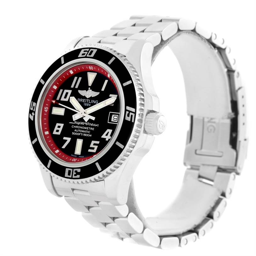 The Breitling Superocean A17364 Men's Stainless Steel Black Dial A17364 Men's Stainless Steel Black Dial watch is shown at an angled side view, highlighting the face, bezel, crown, and metal bracelet.