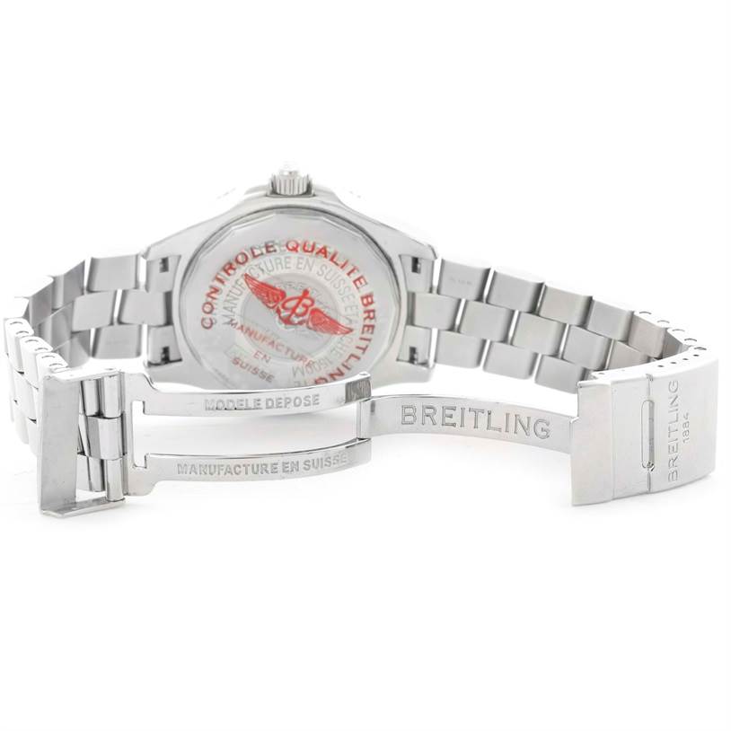 The image shows the back and clasp of a Breitling Superocean A17364 Men's Stainless Steel Black Dial A17364 Men's Stainless Steel Black Dial watch, highlighting the quality markings and branding.