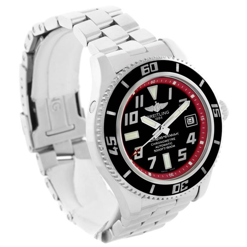 The Breitling Superocean A17364 Men's Stainless Steel Black Dial A17364 Men's Stainless Steel Black Dial watch is shown at a three-quarter angle, displaying the bezel, dial, and part of the bracelet.