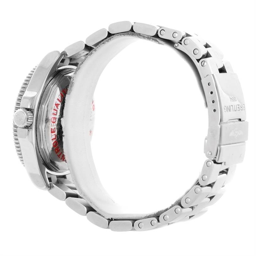 This Breitling Superocean A17364 Men's Stainless Steel Black Dial A17364 Men's Stainless Steel Black Dial watch image shows a side view, displaying the case back, crown, and metal bracelet with the clasp.