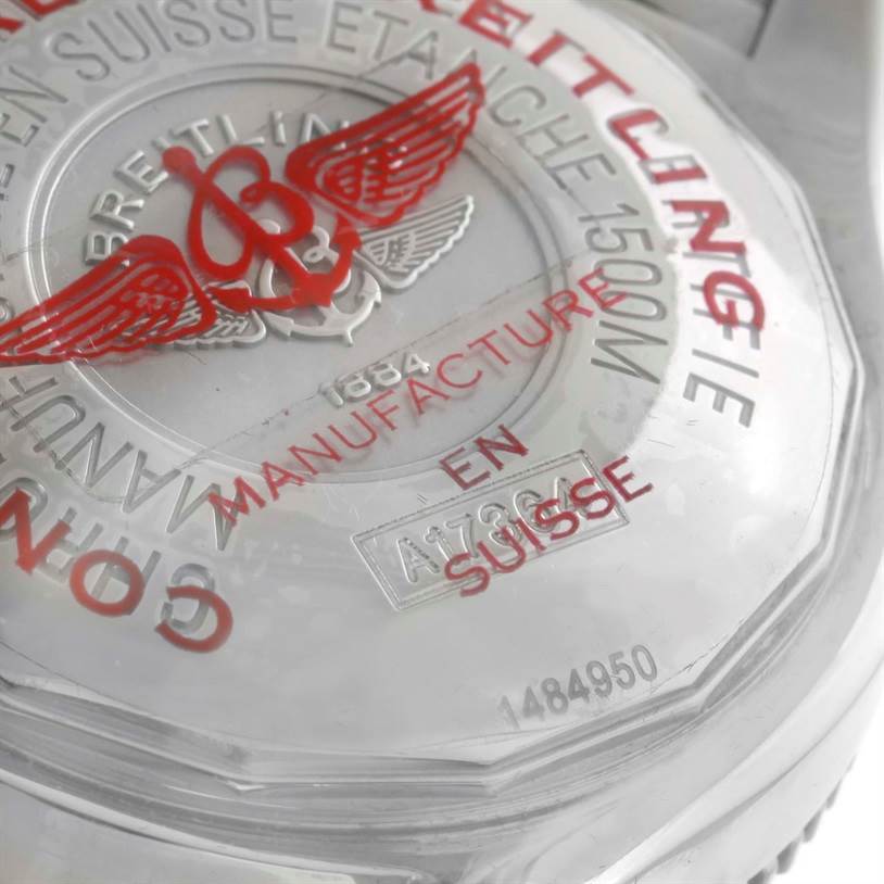 The image shows the case back of a Breitling Superocean A17364 Men's Stainless Steel Black Dial A17364 Men's Stainless Steel Black Dial watch, highlighting its engraved details and branding.