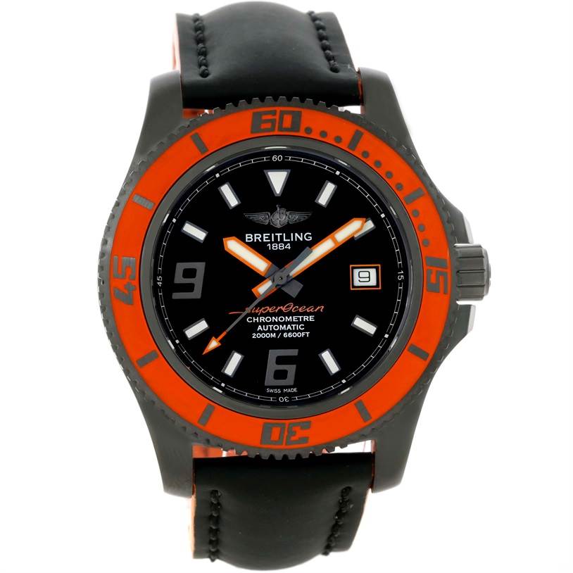 The image shows a Breitling Superocean M1739101/BD81-230X Men's Stainless Steel Black Dial M1739101/BD81-230X Men's Stainless Steel Black Dial watch from a top-down angle, highlighting its bezel, dial, hands, and strap.