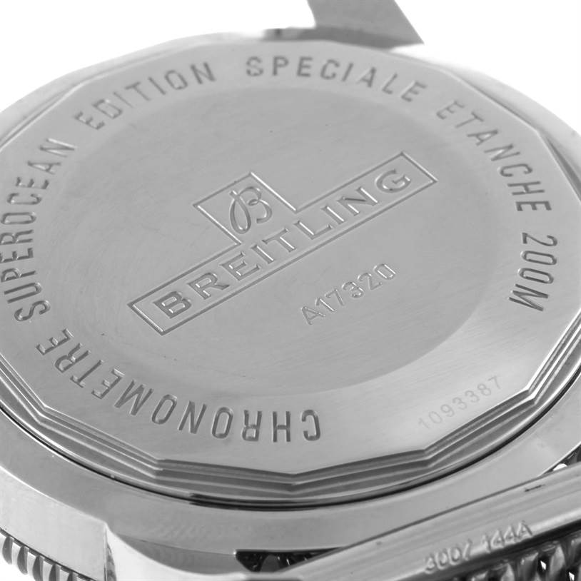 The image shows the case back of a Breitling Superocean A17320 Men
s Stainless Steel Brown Dial A17320 Men
s Stainless Steel Brown Dial watch, highlighting the engraved details and branding.