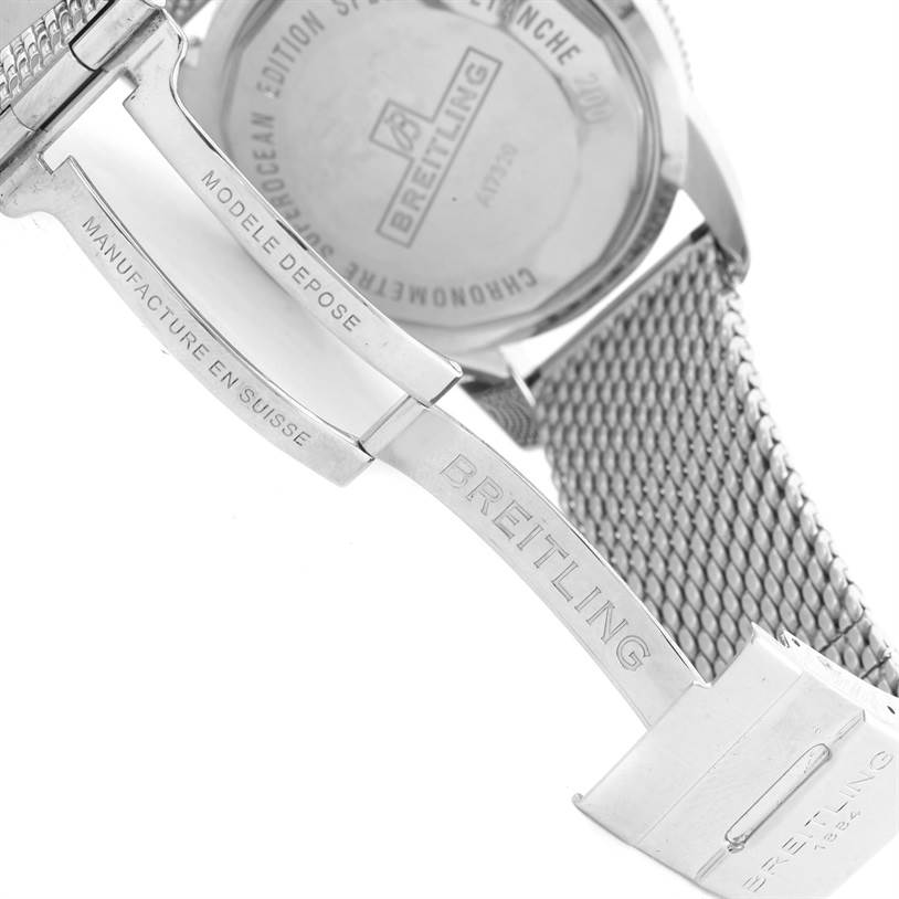 The image shows the clasp mechanism and back case of a Breitling Superocean A17320 Men
s Stainless Steel Brown Dial A17320 Men
s Stainless Steel Brown Dial watch.