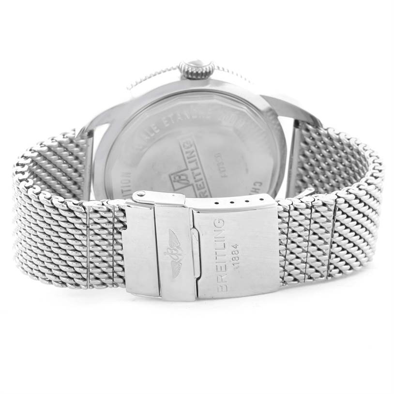 This image shows the back case and stainless steel mesh bracelet clasp of a Breitling Superocean A17320 Men
s Stainless Steel Brown Dial A17320 Men
s Stainless Steel Brown Dial watch.