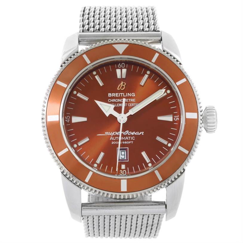 The image shows a front view of the Breitling Superocean A17320 Men
s Stainless Steel Brown Dial A17320 Men
s Stainless Steel Brown Dial watch, highlighting its dial, bezel, and mesh strap.