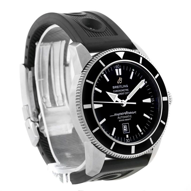 The image displays a Breitling Superocean A17320 Men's Stainless Steel Black Dial A17320 Men's Stainless Steel Black Dial watch at a three-quarter view, highlighting the front dial, bezel, and rubber strap.