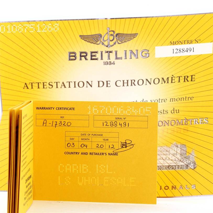 The image shows warranty and chronometer certification documents for the Breitling Superocean A17320 Men's Stainless Steel Black Dial A17320 Men's Stainless Steel Black Dial watch.