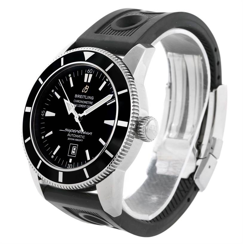 The image shows a front-side view of a Breitling Superocean A17320 Men's Stainless Steel Black Dial A17320 Men's Stainless Steel Black Dial watch, showcasing the dial, bezel, and rubber strap.