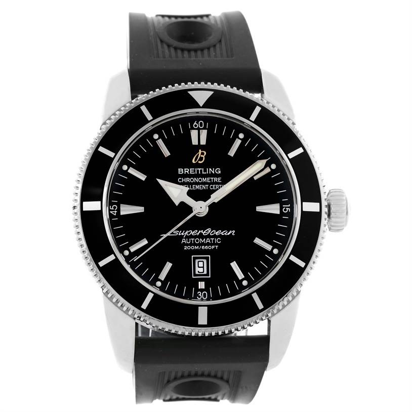 The Breitling Superocean A17320 Men's Stainless Steel Black Dial A17320 Men's Stainless Steel Black Dial watch is shown from a frontal view, displaying the face, bezel, and part of the strap.