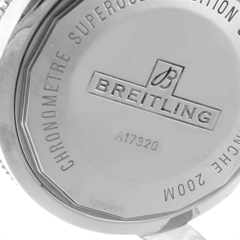 This image shows the case back of a Breitling Superocean A17320 Men's Stainless Steel Black Dial A17320 Men's Stainless Steel Black Dial watch model A17320.