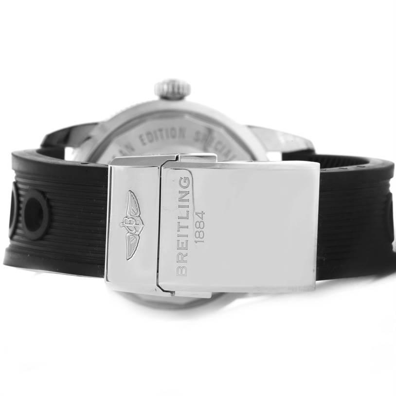 The image shows the back of the Breitling Superocean A17320 Men's Stainless Steel Black Dial A17320 Men's Stainless Steel Black Dial watch, focusing on the clasp and partial strap.