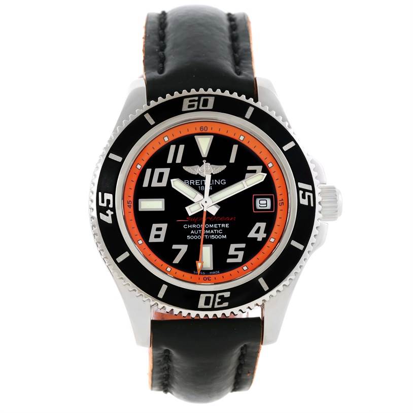 The image shows a front view of the Breitling Superocean A17364 Men's Stainless Steel Black Dial A17364 Men's Stainless Steel Black Dial watch's face and strap.
