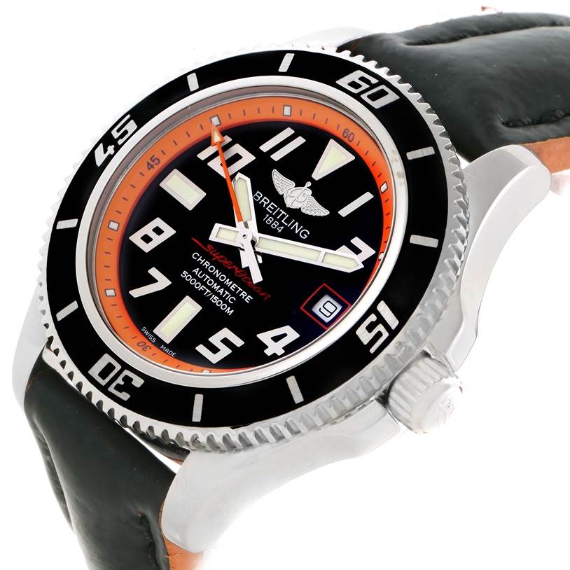 The image shows a Breitling Superocean A17364 Men's Stainless Steel Black Dial A17364 Men's Stainless Steel Black Dial watch at an oblique angle, highlighting its face, bezel, crown, and part of its strap.