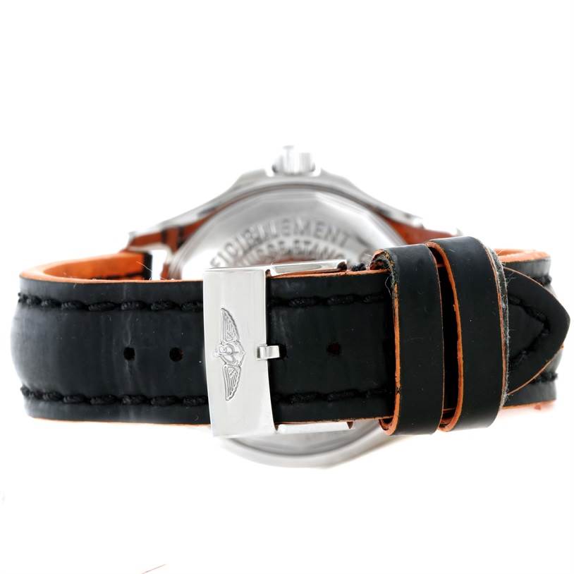 This image shows the back of a Breitling Superocean A17364 Men's Stainless Steel Black Dial A17364 Men's Stainless Steel Black Dial watch, focusing on the black leather strap and its clasp.