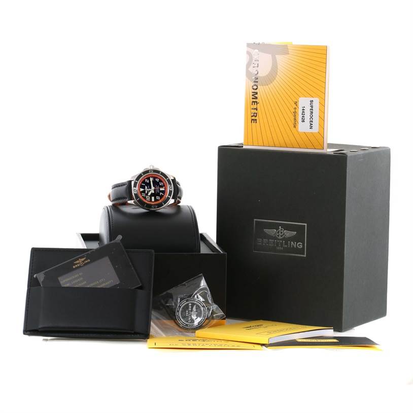 This image shows the Breitling Superocean A17364 Men's Stainless Steel Black Dial A17364 Men's Stainless Steel Black Dial watch at a straight-on angle, along with its box, booklet, and papers.