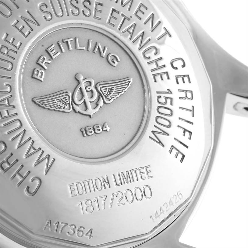 The image shows the back case of a Breitling Superocean A17364 Men's Stainless Steel Black Dial A17364 Men's Stainless Steel Black Dial watch, highlighting the brand's logo and certification details.
