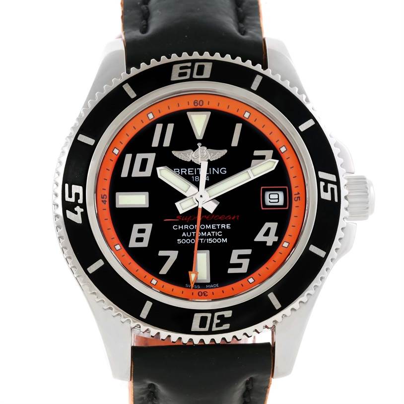 The Breitling Superocean A17364 Men's Stainless Steel Black Dial A17364 Men's Stainless Steel Black Dial watch is shown from a front angle, showcasing the dial, bezel, and a portion of the strap.