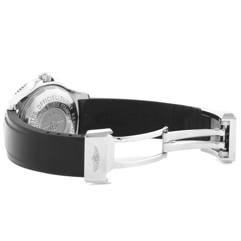 The image shows the back case and clasp of a Breitling Superocean A17364 Men
s Stainless Steel Black Dial A17364 Men
s Stainless Steel Black Dial watch from an angle revealing the rear of the strap and deployment clasp.
