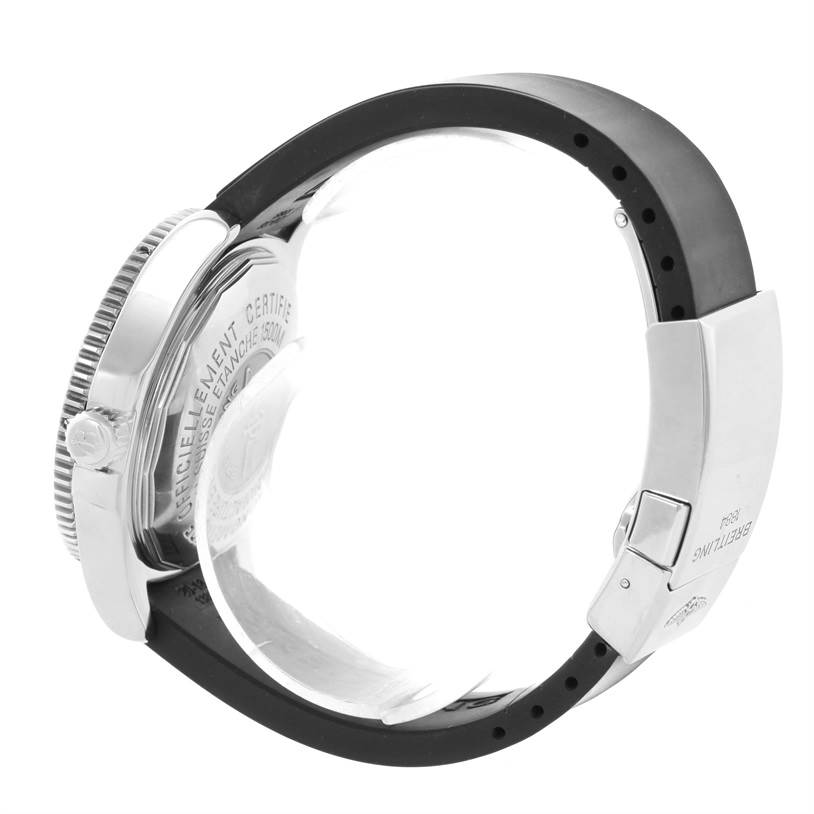 The image shows the Breitling Superocean A17364 Men
s Stainless Steel Black Dial A17364 Men
s Stainless Steel Black Dial watch from a side angle, highlighting the back case, crown, and rubber strap.